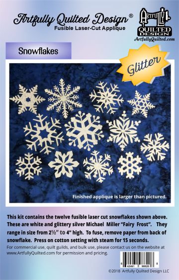 Photo of the package of Artfully Quilted Design®'s "Snowflakes" Iron-On Laser Cut Scatterings.
