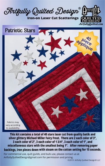 Photo of the package of Artfully Quilted Design®'s "Patriotic Stars" Iron-On Laser Cut Scatterings.